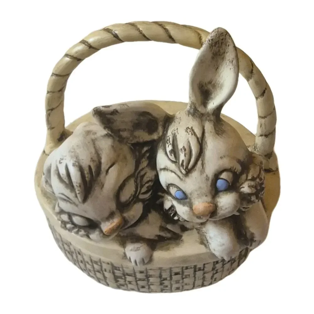 Vintage 1950s Bunnies in Basket Ceramic Trinket Box Cream Brown 7x7x5.5